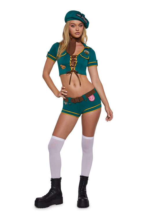 Dolls Kill Women’s Scout Girl Costume by Trickz N’ Treatz – Halloween Party Outfit with Lace-Up Top, Shorts, Belt & Beret Hat, Green, XX-Small