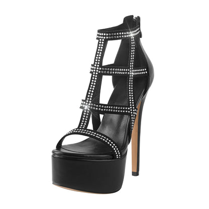 Women's Platform Sandals Open Toe Stiletto Rhinestone Crystal Cutout T-Strap High Heels Summer Sandals for Evening Party Black Size 6