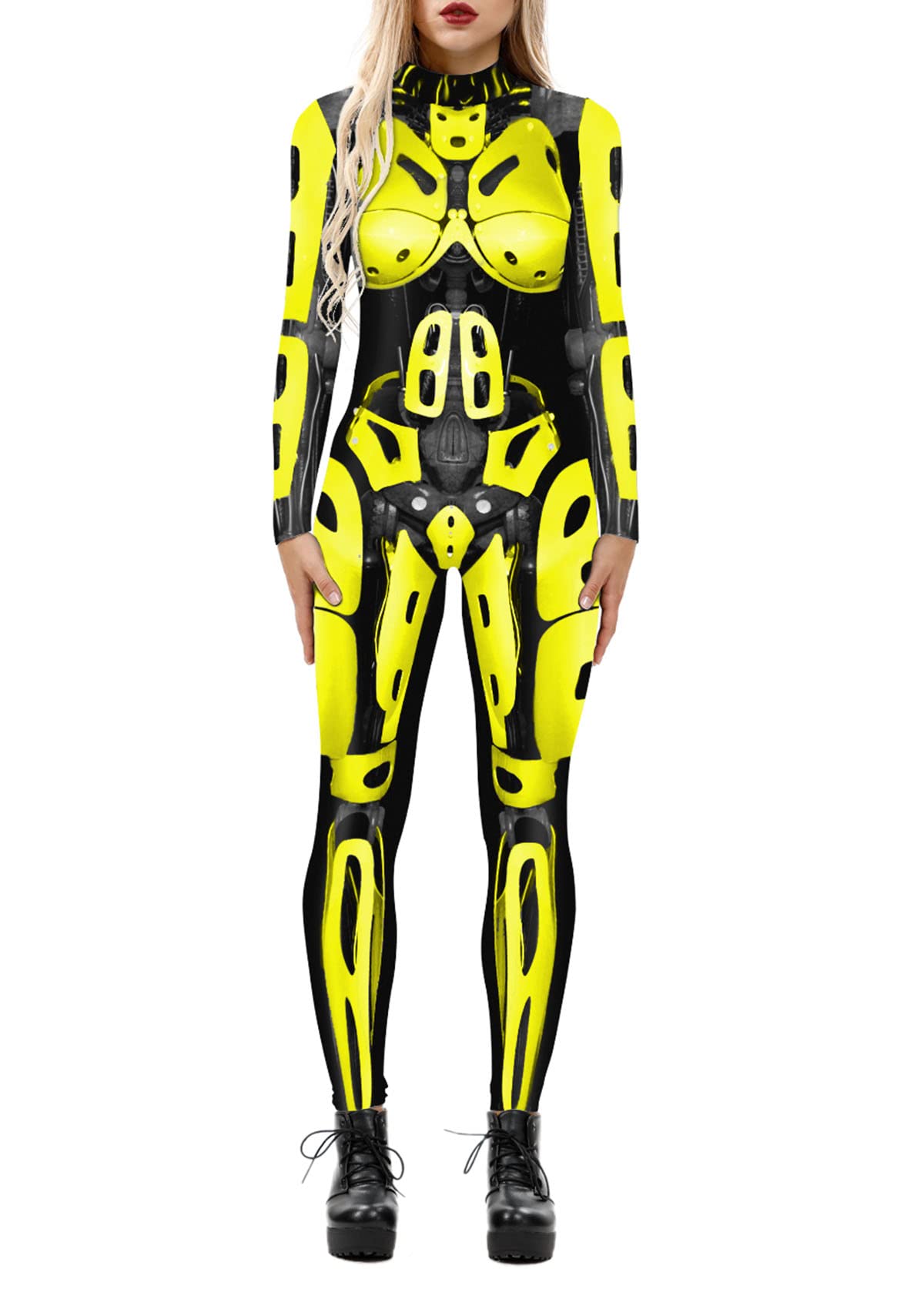 Women's 3D Mechanical Robot Skeleton Print Halloween Jumpsuit Romper Cosplay Costume Yellow M