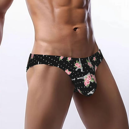 Men's Bikini Briefs Black Eiffel Tower Paris Wedding Roses Flowers Low Rise With Contour Pouch Soft Stretchy Seamless Underwear Breathable Lightweight For Daily Wear