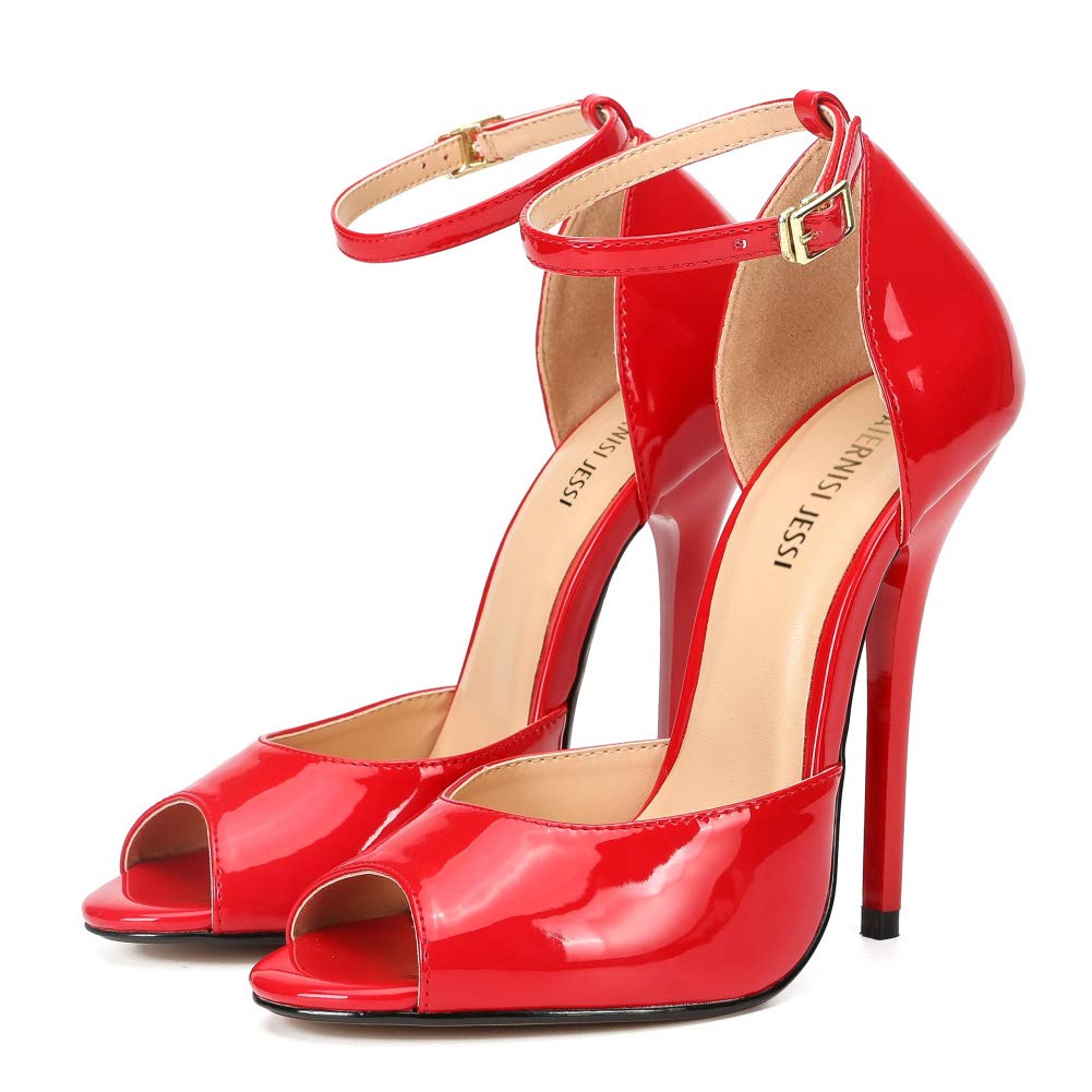 Unisex Men's Women's Peep Toe Stiletto Heels, Ankle Strap Sandals, D'Orsay Style, 5.1-Inch Heel Patent Red EU45 - size 13 Women/11.5 Men