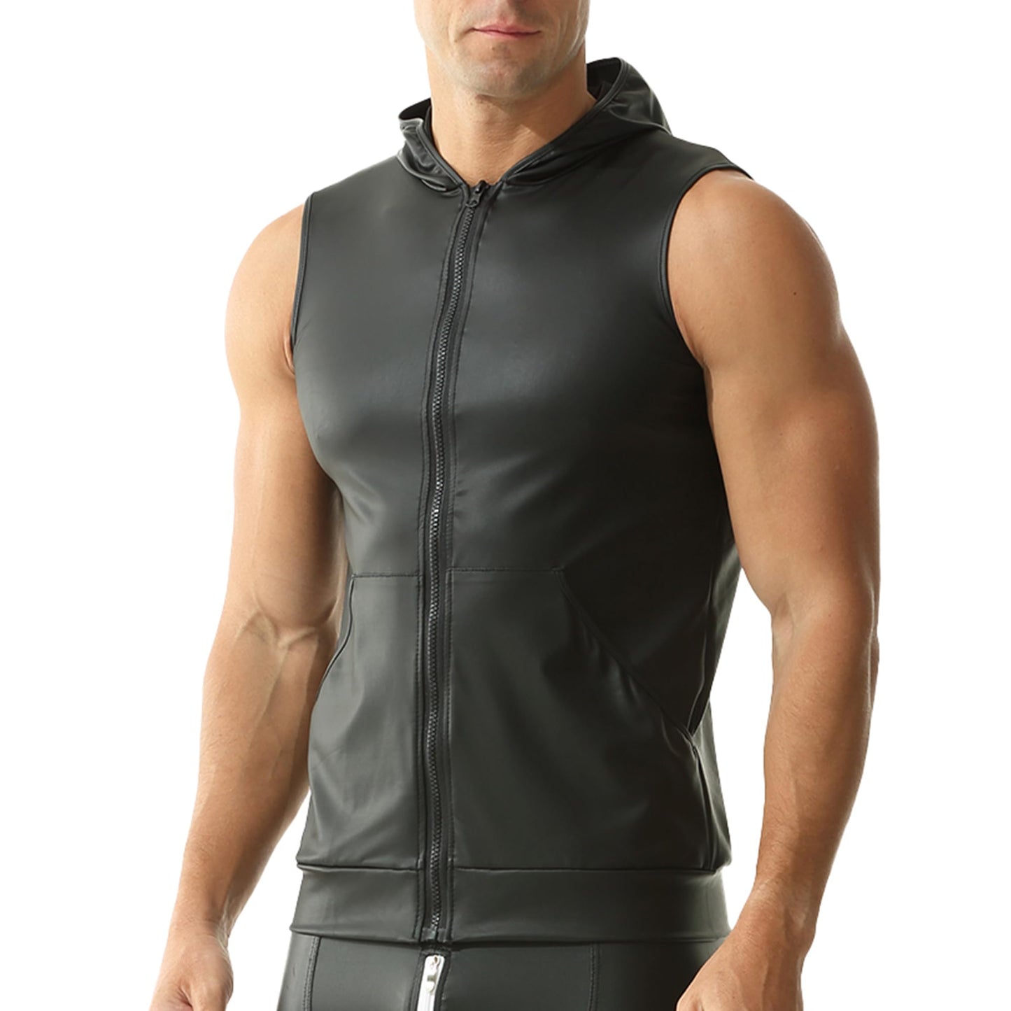 Men's PU Leather Sleeveless Vest Wet Look Undershirt with Zipper Closure Muscle Shirt for Motorcycle
