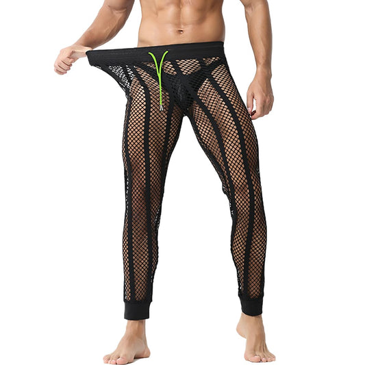 YINYOUYU Men's Fishnet Pants Drawstring Mesh See Through Bottoms Leggings Muscle Long Pants M Black