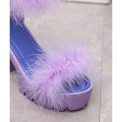 Women'S Faux Fur Chunky Heel Sandals Platform Open Toe Fuzzy Ankle Strap Sexy Colorful Wedding Dress Heels(Purple,8