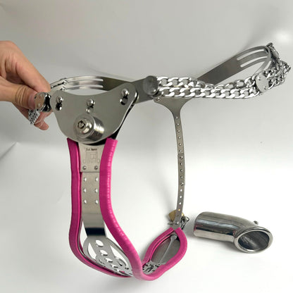 Male Adjustable Chastity Belt with Hole Push-Lock Design Removable Cage Dual Adjustable Waist and Crotch Stainless Steel Adult Sex Toy SM Invisible Underwear (Pink 87-122cm)