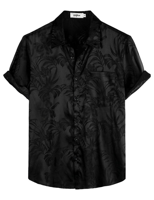 VATPAVE Mens Summer Jacquard Regular Fit Shirts Casual Button Down Short Sleeve Beach Tops with Pocket Medium Black Tropical