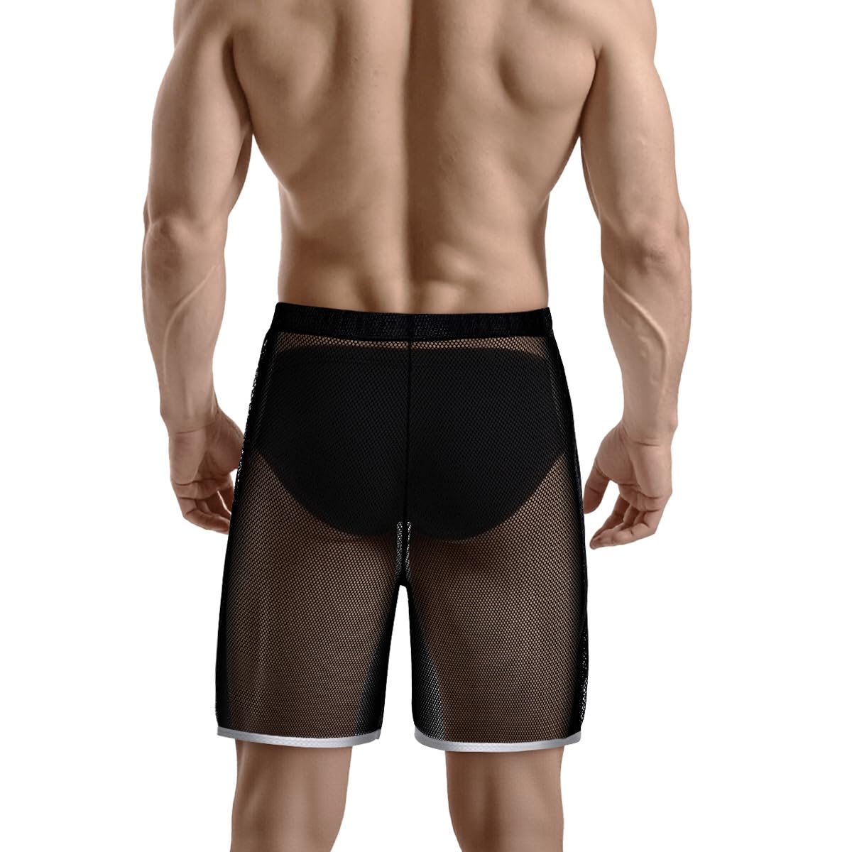 Men's Sparkly Sheer Mesh Boxer Shorts See Through Fishnet Underwear Trunks Lounge Pajama 1 Pack of Black XL