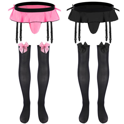 2 Set Mens Briefs Underwear Gay Bowknot Low Rise Briefs Underwear Lace Panties Outfits for Men Pink Red Cosplay(Black,Pink,M,Cute)