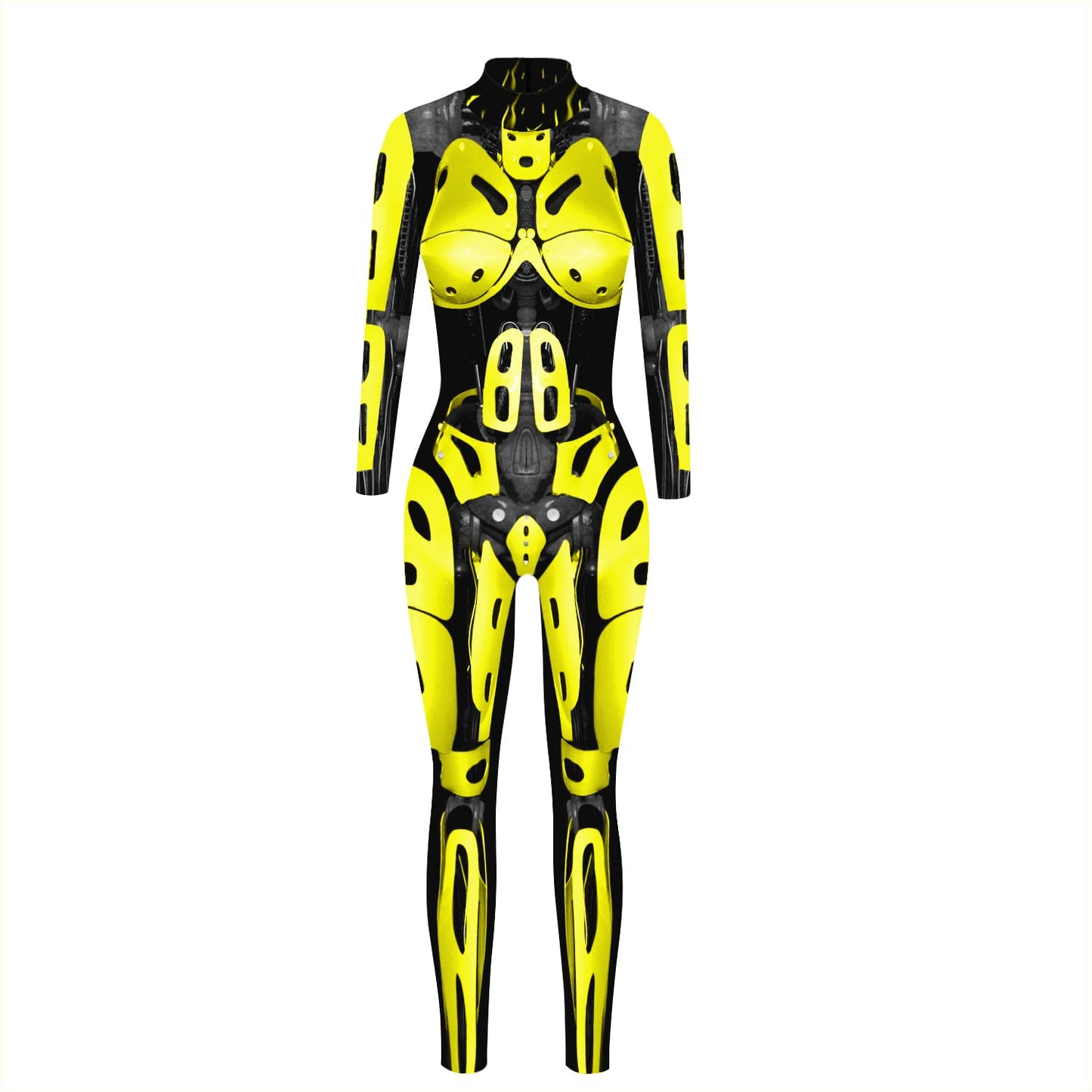 Women's 3D Mechanical Robot Skeleton Print Halloween Jumpsuit Romper Cosplay Costume Yellow M