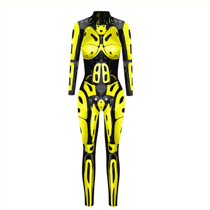 Women's 3D Mechanical Robot Skeleton Print Halloween Jumpsuit Romper Cosplay Costume Yellow M