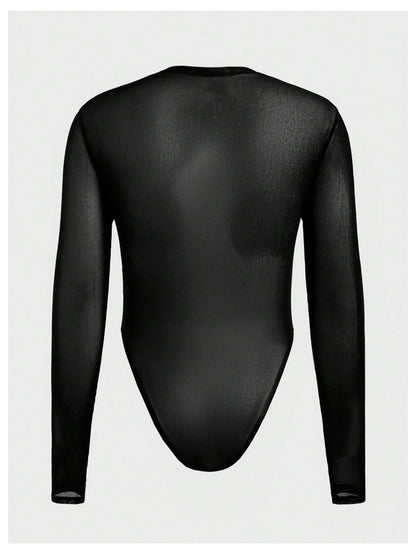 OYOANGLE Men's Long Sleeve Sheer Bodysuit Crew Neck Slim Fit Mesh Shirt Y2K Party Clubwear Streetwear Black Medium