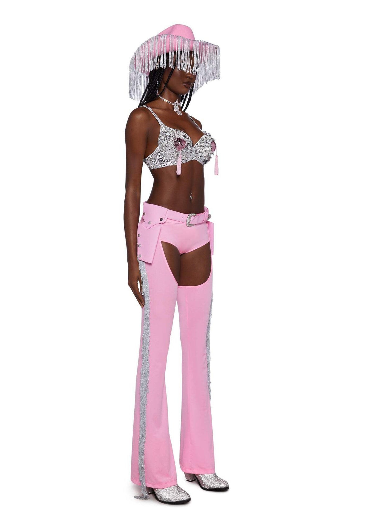 Dolls Kill Giddy Up Rhinestone Cowgirl Costume by Trickz N’ Treatz – Women’s Sequin Bra Top with Fringe Chaps & Hat, Pink, Medium