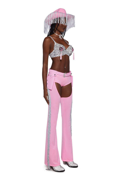 Dolls Kill Giddy Up Rhinestone Cowgirl Costume by Trickz N’ Treatz – Women’s Sequin Bra Top with Fringe Chaps & Hat, Pink, Medium