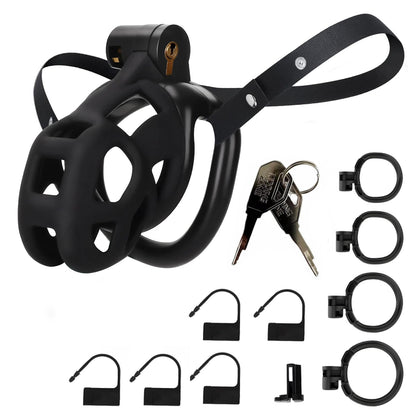 Male Chastity Cage Sex Toys with Elastic Belt Invisible Lock & 4 Ball Rings