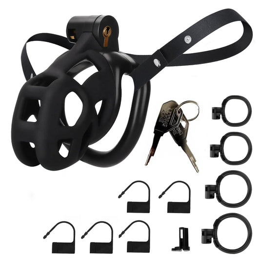 Male Chastity Cage Sex Toys with Elastic Belt Invisible Lock & 4 Ball Rings