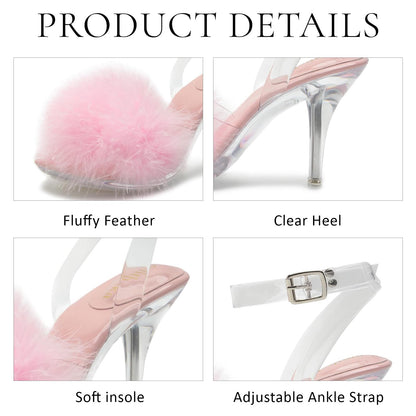 Femboy - Sissy -Fuzzy Clear Heels Ankle StrapStilettos Heels Mules Sandals Fluffy Feather Slip On High Heeled Party Prom Dresses ShoesPink-42 US10