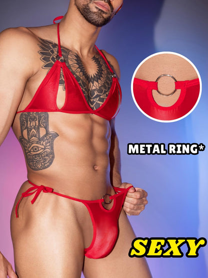 ChiaoLezhee Lingerie Set For Men, Sexy Bra And Panty, Mens Sissy Clothes, Thong Bikini Underwear G String Exotic Man Gay Panties Femboy, Red