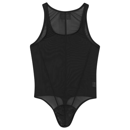 ABAFIP Men's Mesh Undershirts Bodysuit Sleeveless Sheer Tank Top Jumpsuit Fitness Mankini Jumpsuit Singlet Rave Tanks Black XX-Large