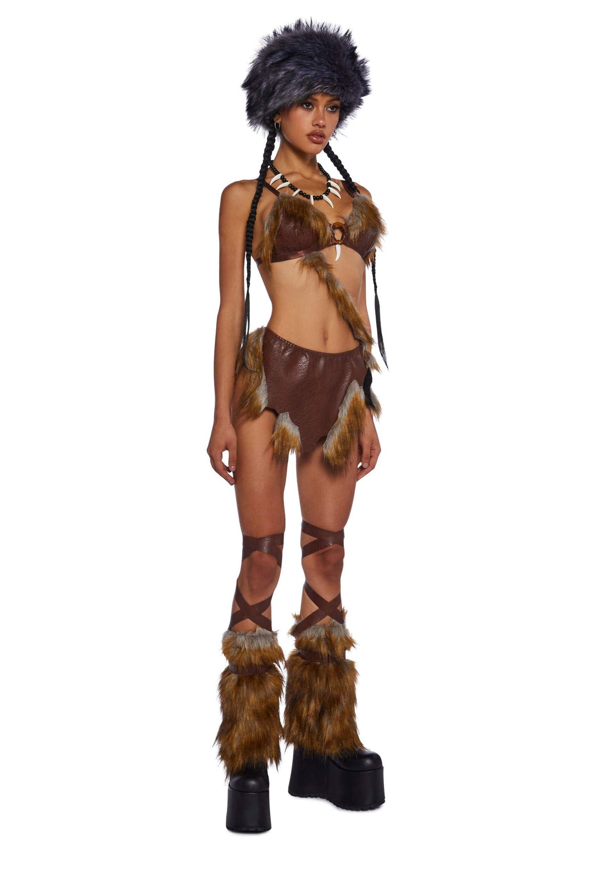 Dolls Kill B.C. Babe Costume Set by Trickz N’ Treatz – Women’s Faux Fur Trim Vegan Leather Top with Skirt, Leg Warmers & Necklace, Brown, Medium