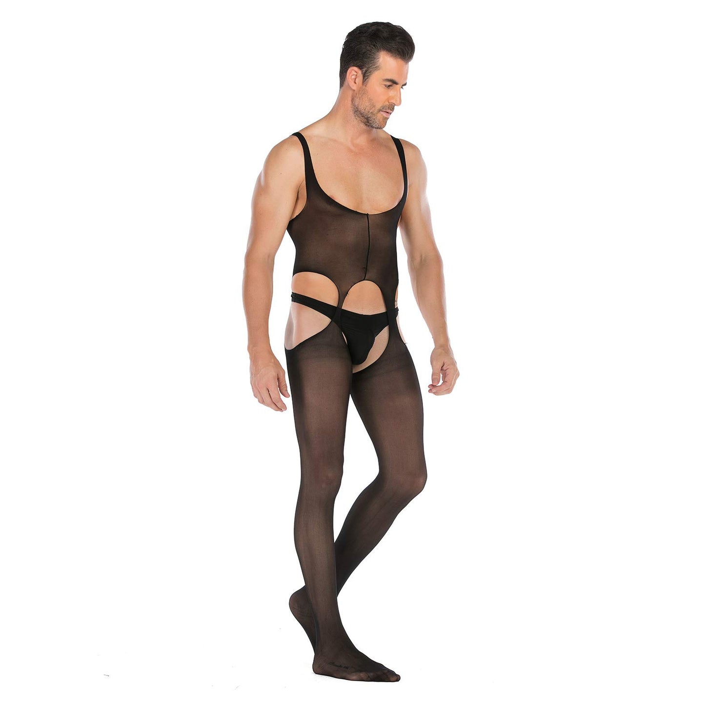 SINROYEE Men's Sheer Lace Lingerie Sissy clothes Sexy Tight Cut Out Elastic Nightgown One-piece Bodysuit (8)