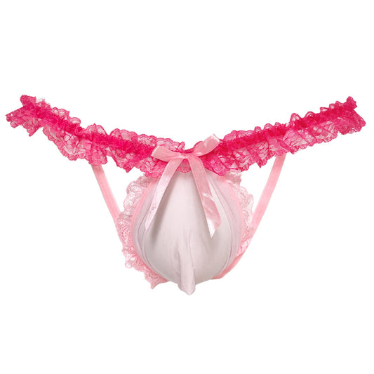 Mens Pink Lace Frilly Thong Underwear, Sissy Pouch Panties Sexy Lingerie For Crossdressing Femboy (US, Alpha, One Size, Regular, Regular, Pink)