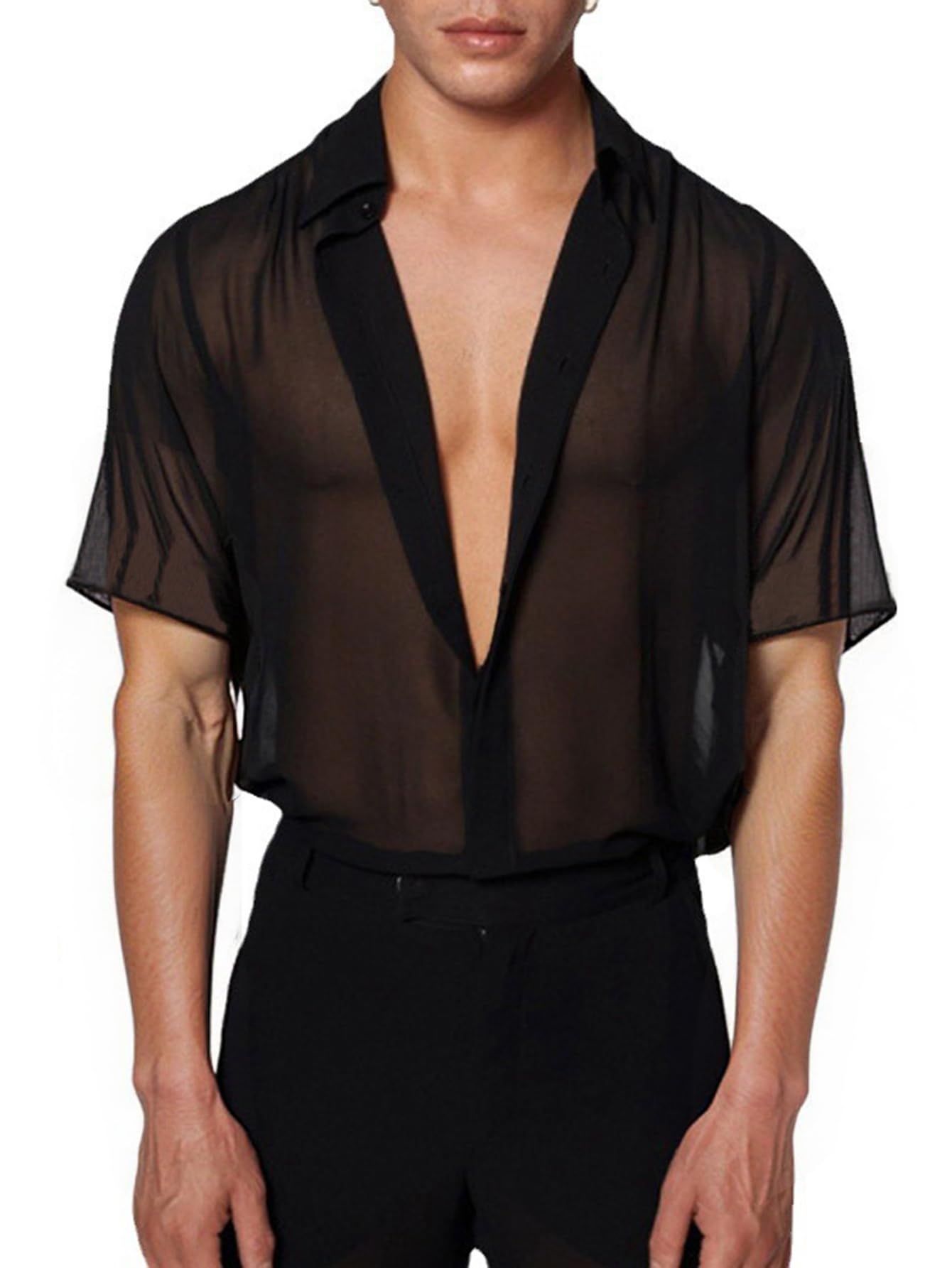 COOLOYA Men's Mesh Sheer Solid Short Sleeve Collar Button Front Party Shirt Tops Black M