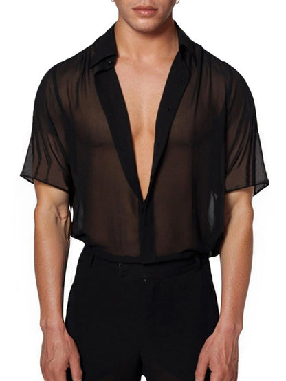 COOLOYA Men's Mesh Sheer Solid Short Sleeve Collar Button Front Party Shirt Tops Black M