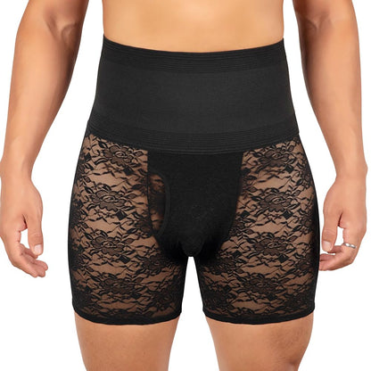 six Pack Men's High Waist Boxer Brief Lace Transparent Shorts, Underwear Bottoms  Black