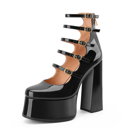 Perisis Women's Platform Mary Janes Black Chunky Block High Heels Ankle Short Boots Closed Toe Strappy Booties Gothic Lolita Shoes(Black Patent,9)