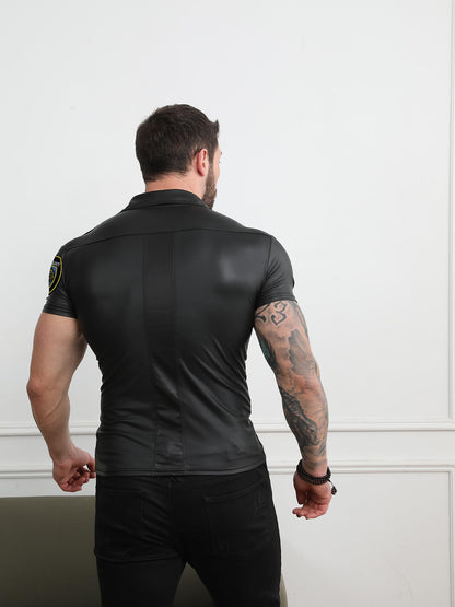 Mens PU Faux Leather Shirt Punk Style Short Sleeve Streetwear Fashion Urban Shacket Tops (US, Alpha, X-Small, Regular, Regular, COS)