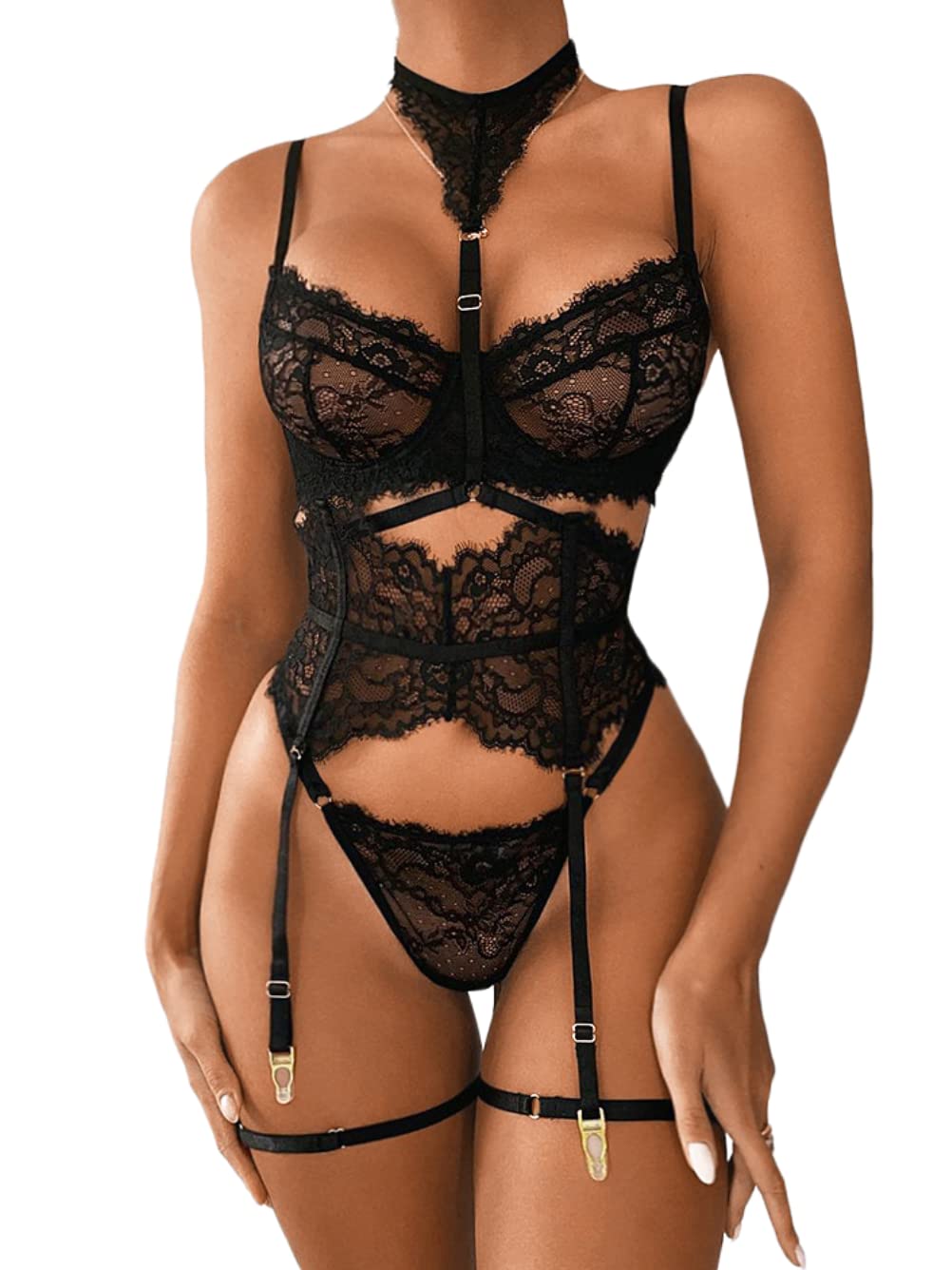 Garter Lingerie Set For Women, Sexy Floral Lace, Strappy High Waisted Hide Belly, 4 Piece With Exotic Choker Belt,Black,Small
