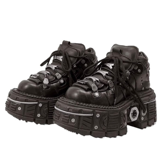 PU Leather Y2K Grunge Punk Platform Height Increase Derby Shoes for Men Casual Streetwear Mixed Color Thick Sole Sneakers with Skull Metal Accent Design (12,Black)