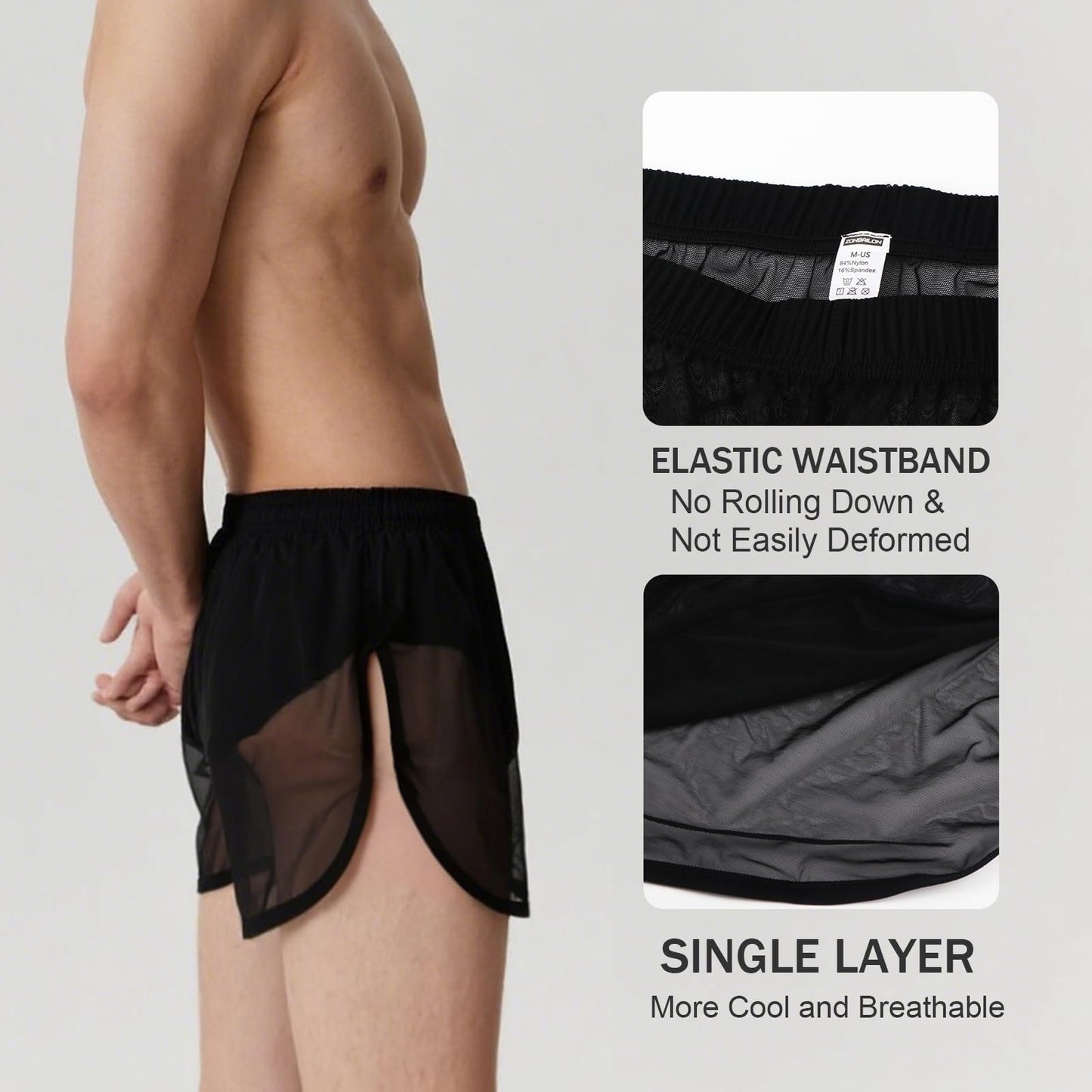 YINYOUYU Mens Sexy Mesh See Through Shorts Underwear Loose Sheer Breathable Boxers Short M Black