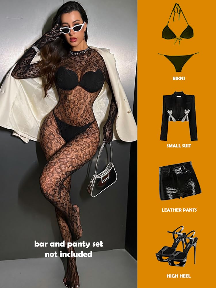 Koinus One Piece Black Fishnet Bodysuit Lingerie Bodystocking for Women full Body See Through Jumpsuit One Size