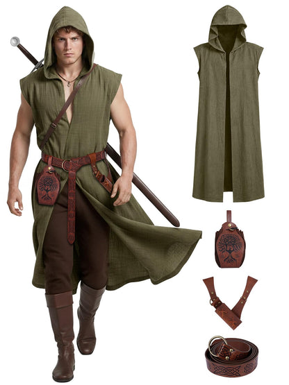 Renaissance Costume Set for Men - 4PC Medieval Viking Hooded Sleeveless Surcoat, Ren Faire Halloween Cosplay Outfit (Green, L)