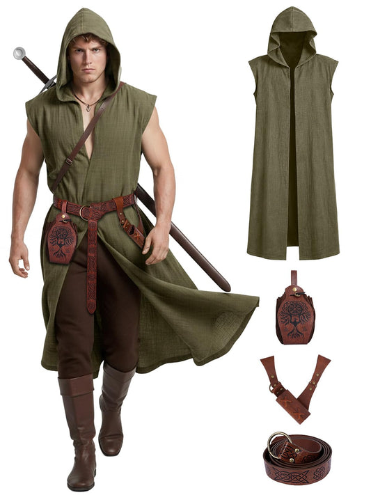 Renaissance Costume Set for Men - 4PC Medieval Viking Hooded Sleeveless Surcoat, Ren Faire Halloween Cosplay Outfit (Green, L)