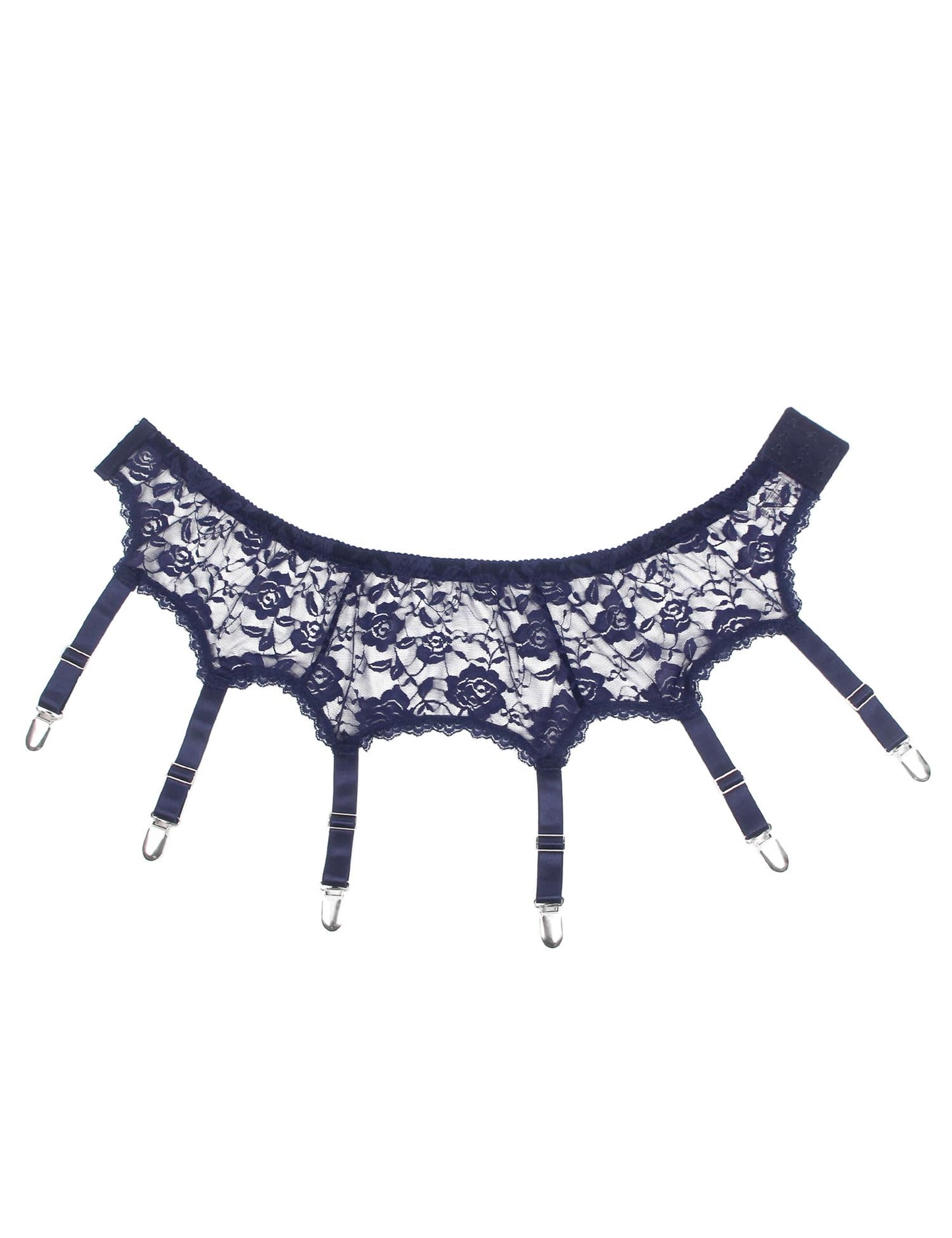 Men's 6-Strap High-Waist Blue Lace Garter Belt with Metal Clamps Adjustable Suspenders Garter Belts for Thigh Highs, M