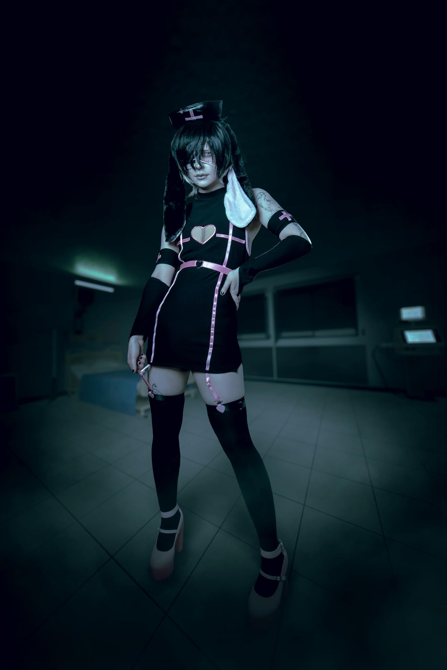 Men Bunny Nurse Set Kawaii Cosplay Lingerie Bodysuit (Black, S)