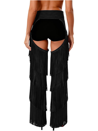 Chaps for Women Cowgirl Pants Fringe Cowboy Assless Chaps Western Pants Trousers for Club Party Black Medium