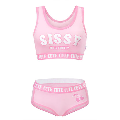 Littleforbig Unisex Cotton Camisole and Panties Sports Loungewear Sissy University Bralette Set Pink M