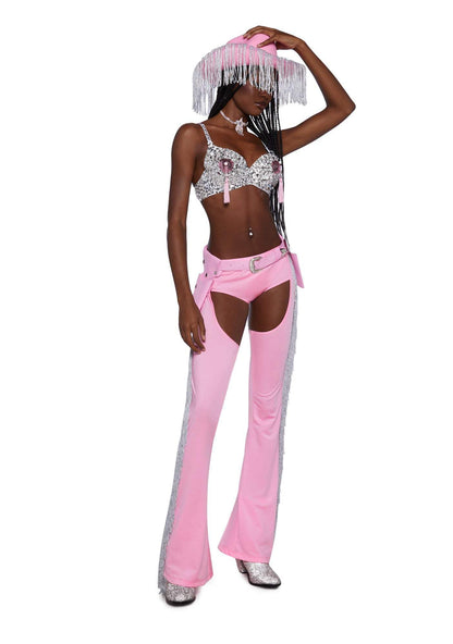 Dolls Kill Giddy Up Rhinestone Cowgirl Costume by Trickz N’ Treatz – Women’s Sequin Bra Top with Fringe Chaps & Hat, Pink, Medium