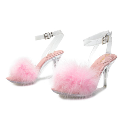 Femboy - Sissy -Fuzzy Clear Heels Ankle StrapStilettos Heels Mules Sandals Fluffy Feather Slip On High Heeled Party Prom Dresses ShoesPink-42 US10