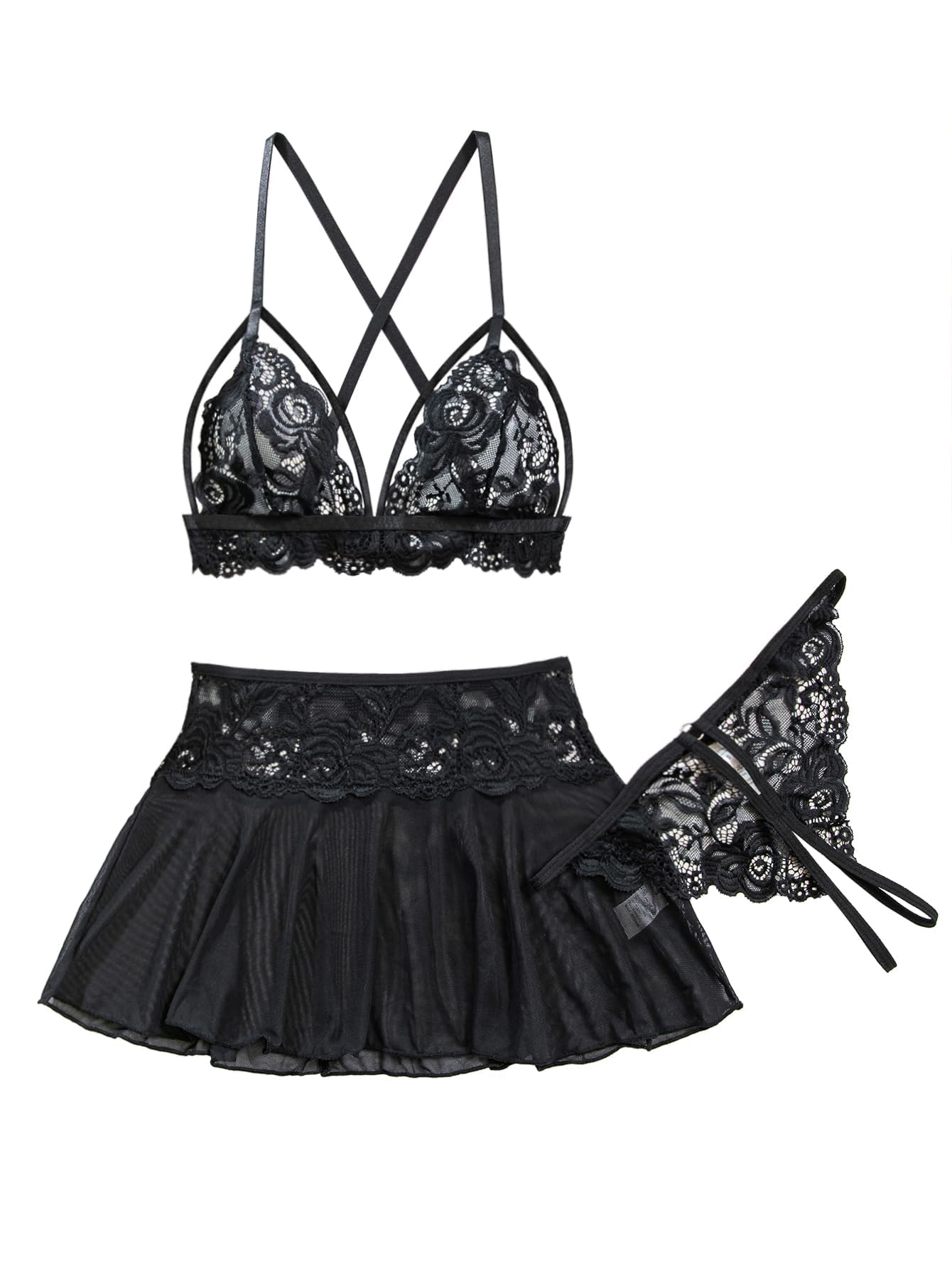 Sexy Lingerie Set 3 Piece Women Outfit Bra with Thong Black M