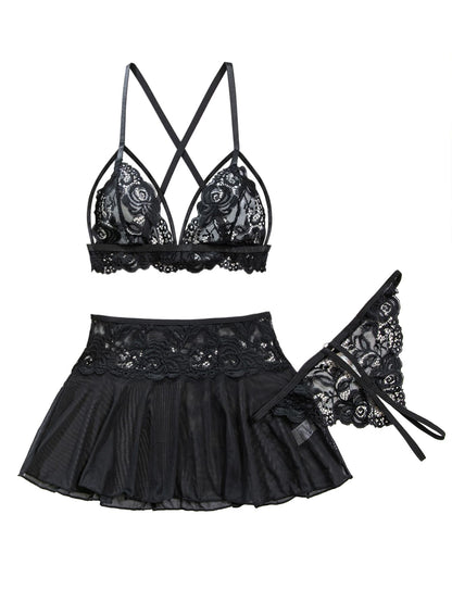 Sexy Lingerie Set 3 Piece Women Outfit Bra with Thong Black M