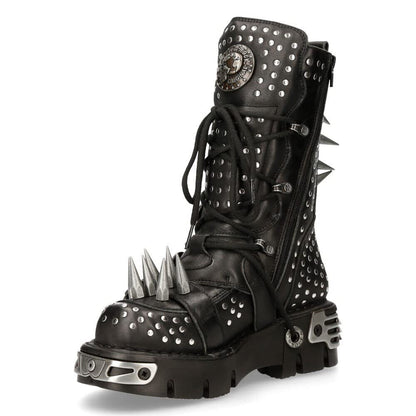 New Rock Boots 1535-S1 Mens Metallic Black Leather Goth Studded Spike Boot 9.5