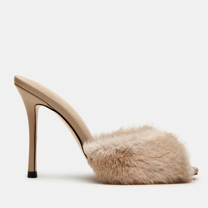 Women's Faux Fur Heeled Sandals Furry Peep Toe Mules Slip on Stiletto High Heels Dress Sexy Slide Sandals