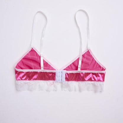 Men's Lingerie Bra - Shiny Silk Satin Bralette Floral Lace Trim - Sissy Top - Crossdressing