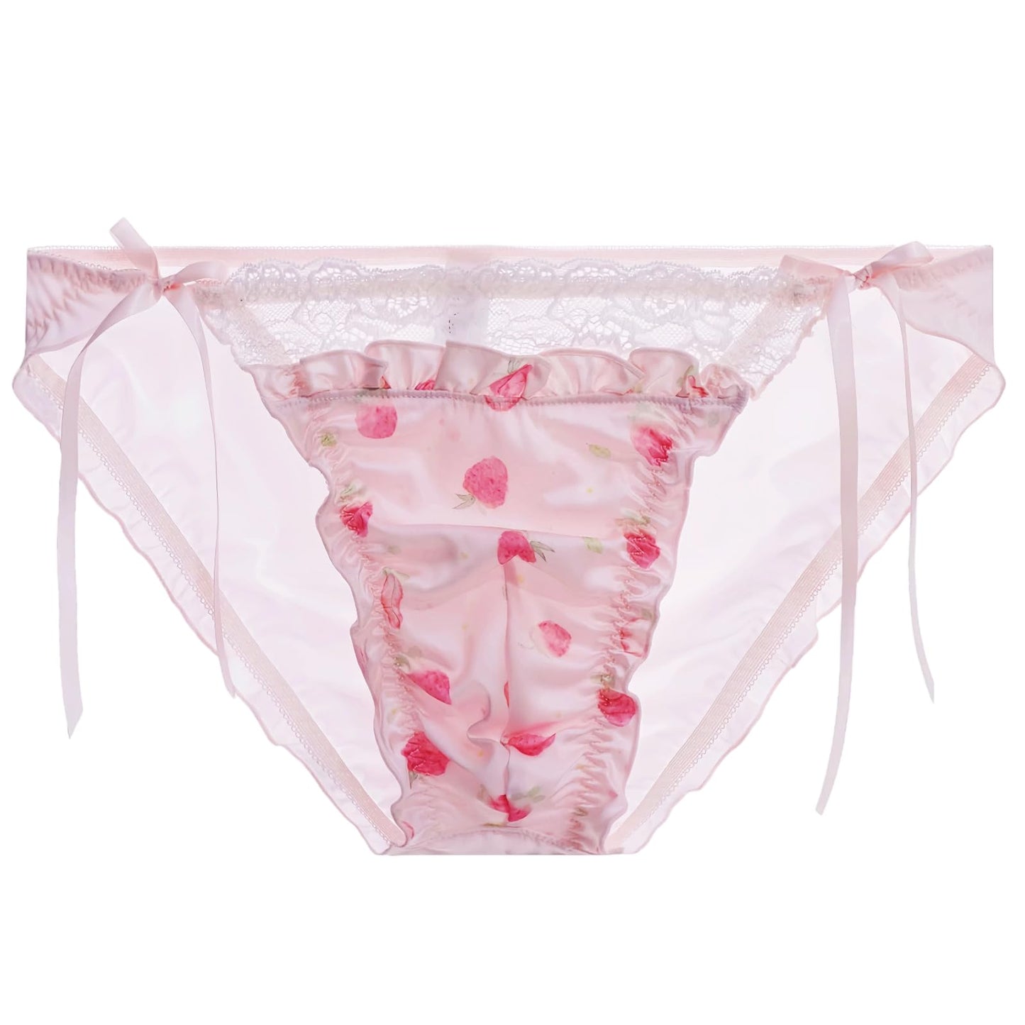 Sissy Pouch Panties Men's - Cute Pink Satin Lace Briefs Bikini Sexy Pouch G-String Thongs Underwear for Men (Tie-side,Medium)