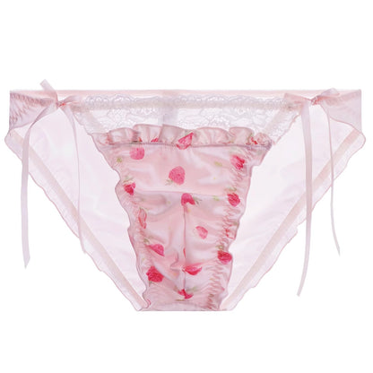 Sissy Pouch Panties Men's - Cute Pink Satin Lace Briefs Bikini Sexy Pouch G-String Thongs Underwear for Men (Tie-side,Medium)