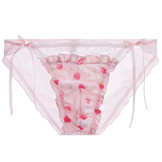 Sissy Pouch Panties Men's - Cute Pink Satin Lace Briefs Bikini Sexy Pouch G-String Thongs Underwear for Men (Tie-side,Medium)